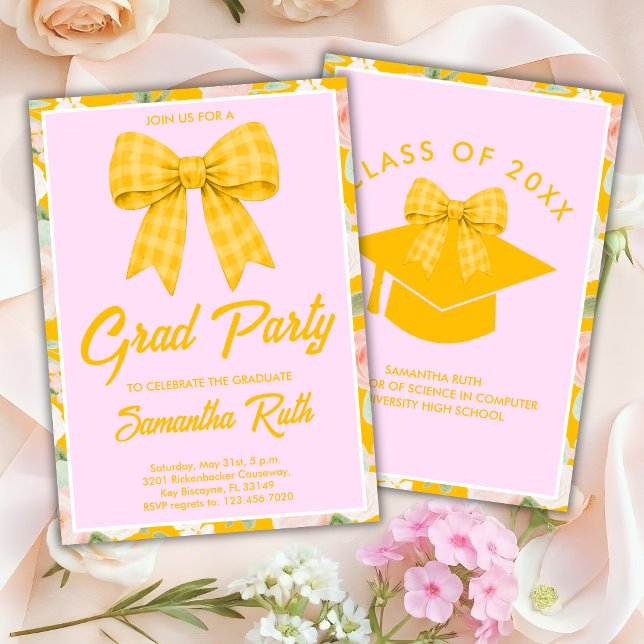 Wildflower Yellow Gingham Bow Graduation Party Invitation (Creator Uploaded)