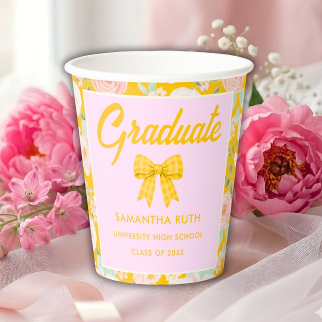 Wildflower Yellow Gingham Bow Graduation Party Paper Cups (Creator Uploaded)