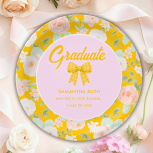 Wildflower Yellow Gingham Bow Graduation Party Paper Plate
