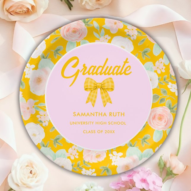 Wildflower Yellow Gingham Bow Graduation Party Paper Plate (Creator Uploaded)
