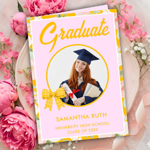 Wildflower Yellow Gingham Bow Photo Graduation Card