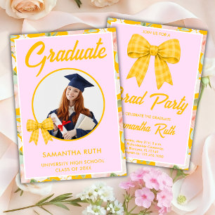 Wildflower Yellow Gingham Bow Photo Graduation Invitation