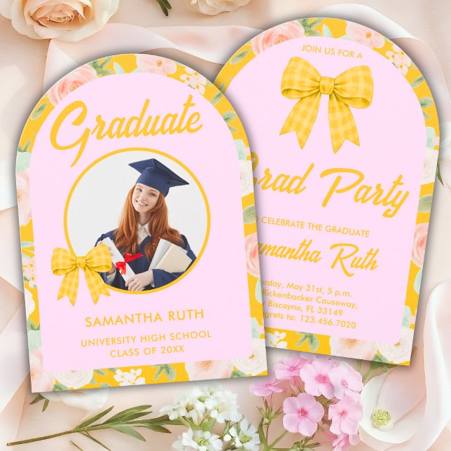 Wildflower Yellow Gingham Bow Photo Graduation Invitation (Creator Uploaded)