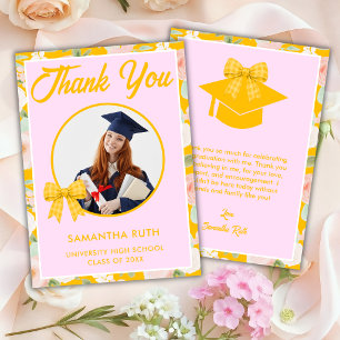 Wildflower Yellow Gingham Bow Photo Graduation Thank You Card