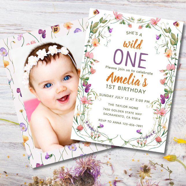 Wildflowers 1st Birthday Wild One  Invitation (Editable wildflower 1st birthday invite for baby girl with optional photo on back.)