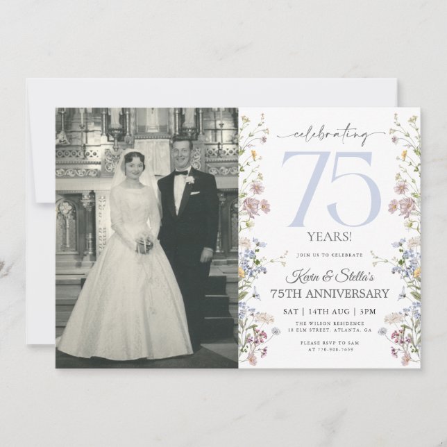 Wildflowers 75th Anniversary Invitation With Photo (Front)