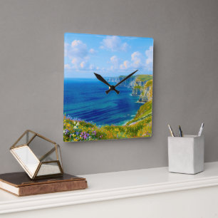 "Wildflowers Above the Sea" – A Welsh Seascape Square Wall Clock