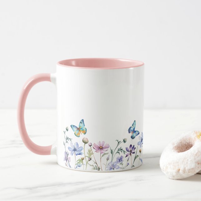 Wildflowers and Butterflies Border  Mug (With Donut)