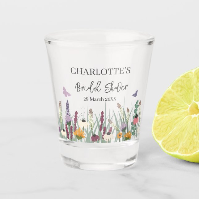 Wildflowers and Butterflies Bridal Shower Party Shot Glass (Front)