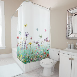 Wildflowers and Butterflies Green Medow Refrehing Shower Curtain