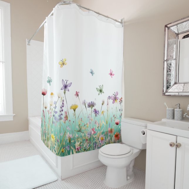 Wildflowers and Butterflies Green Medow Refrehing Shower Curtain (In Situ)