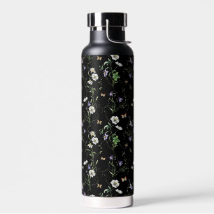 Wildflowers and Butterflies On Black Water Bottle
