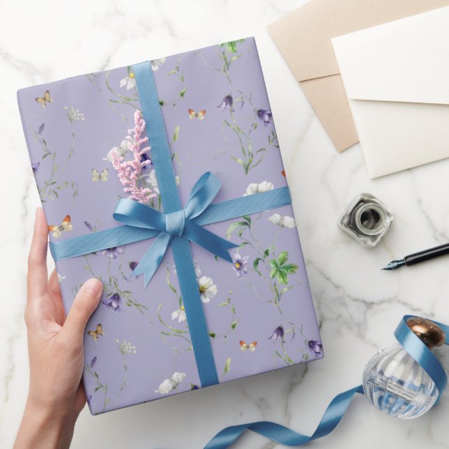 Wildflowers and Butterflies On Purple Wrapping Paper (Gifting)