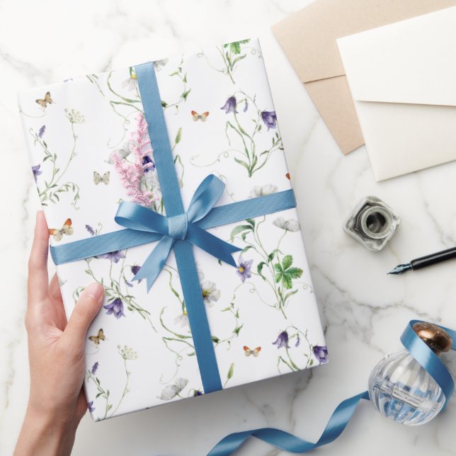 Wildflowers and Butterflies On White Wrapping Paper (Gifting)