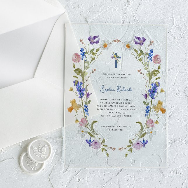 Wildflowers and Butterflies | Photo Back Baptism Acrylic Invitations (Creator Uploaded)