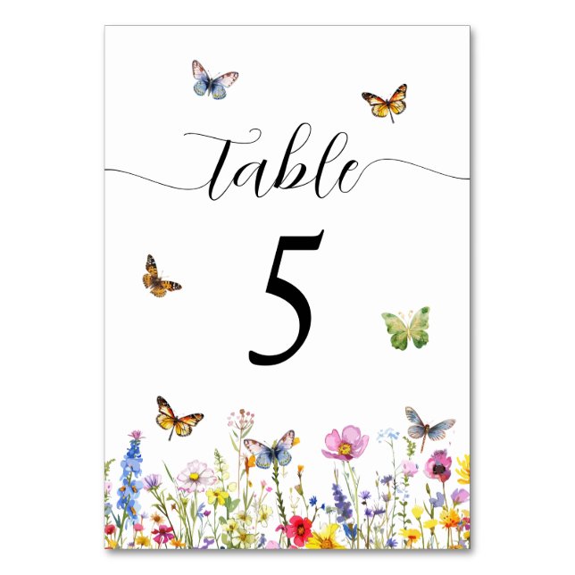 Wildflowers and Butterflies Wedding Table Number (Front)