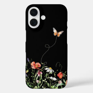 Wildflowers and Butterfly On Black iPhone 16 Case