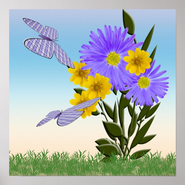Wildflowers and Gingham Butterflies Poster (Front)