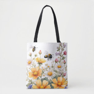 Wildflowers and Honey Bees Watercolor Tote Bag