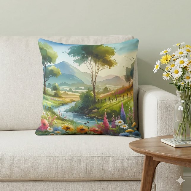 Wildflowers and Stream in Spring Valley Cushion (Wildflowers and Stream in Spring Valley Throw Pillow Mockup A)