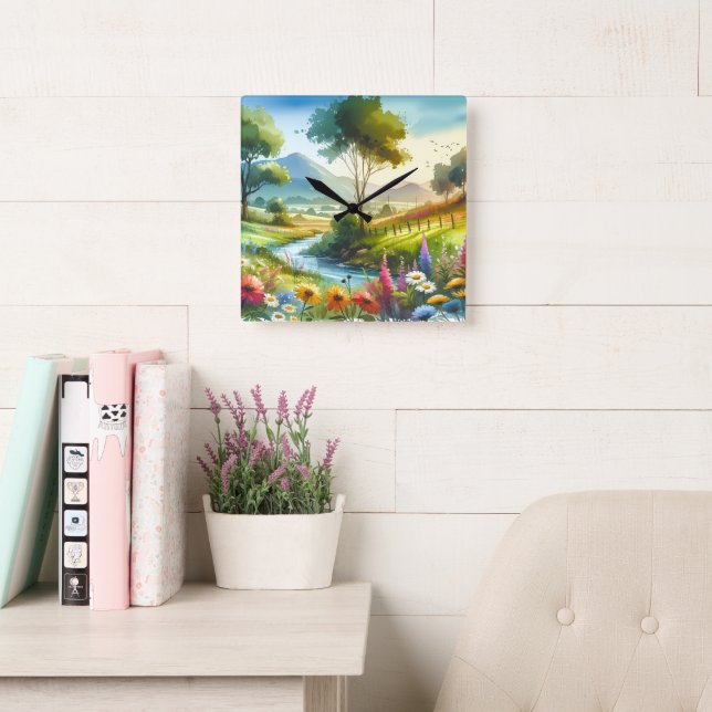 Wildflowers and Stream in Spring Valley Square Wall Clock (Reading Room)