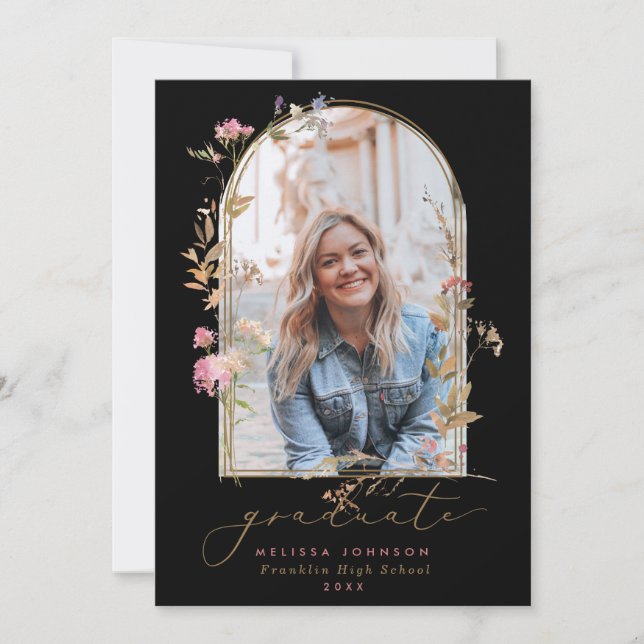 Wildflowers Arch Black Photo Graduation Announcement (Front)