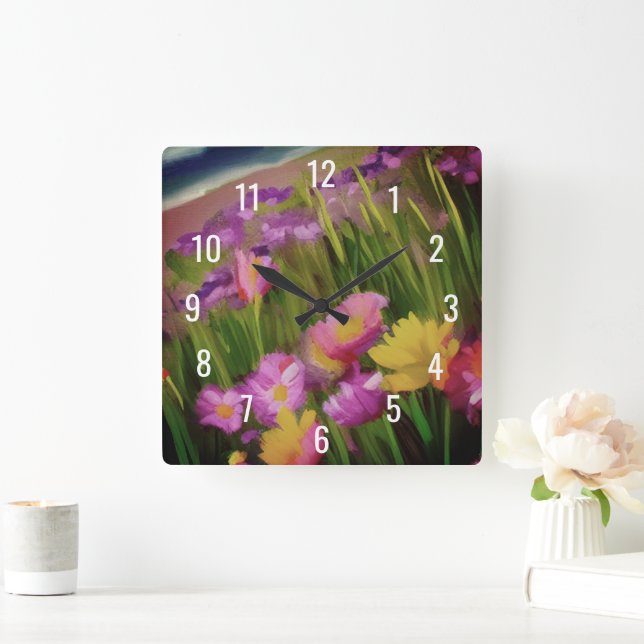 Wildflowers At Dusk Square Wall Clock (Home)