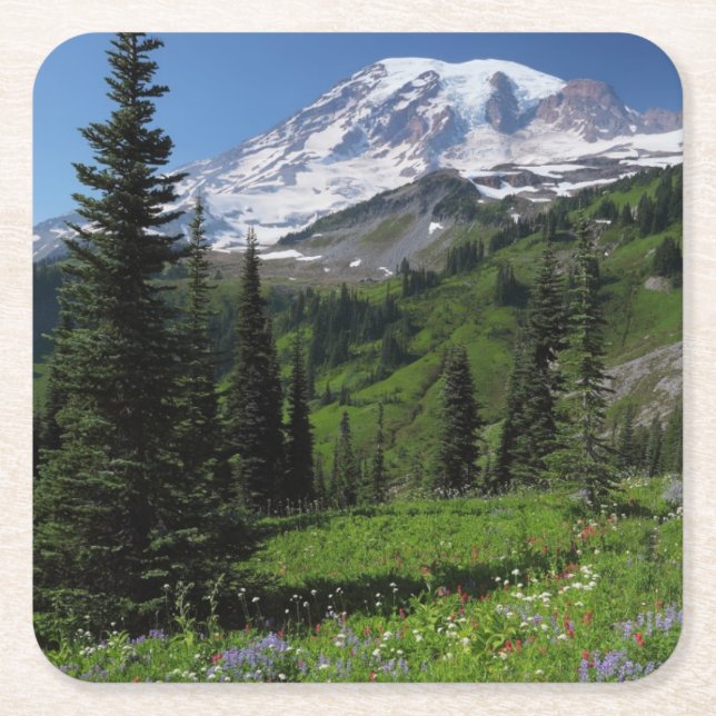 Wildflowers at Mount Rainier Square Paper Coaster (Front)