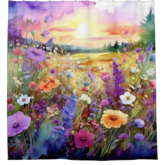 Wildflowers at Sunset in Watercolor Shower Curtain