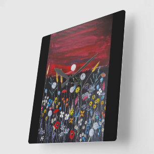 Wildflowers at Sunset Painting by Alfred Fox Square Wall Clock