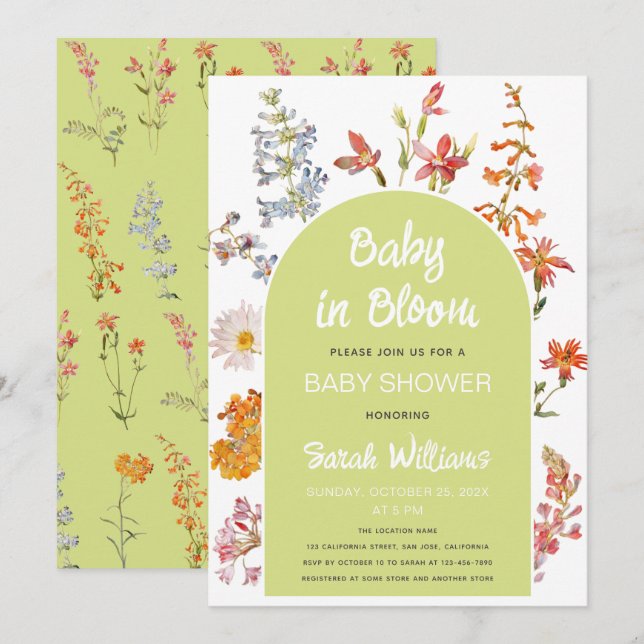 Wildflowers Baby in Bloom Shower Green Arch Floral Invitation (Front/Back)