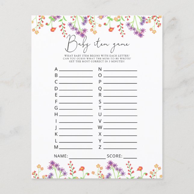 Wildflowers Baby Item Game. Baby Shower Game (Front)
