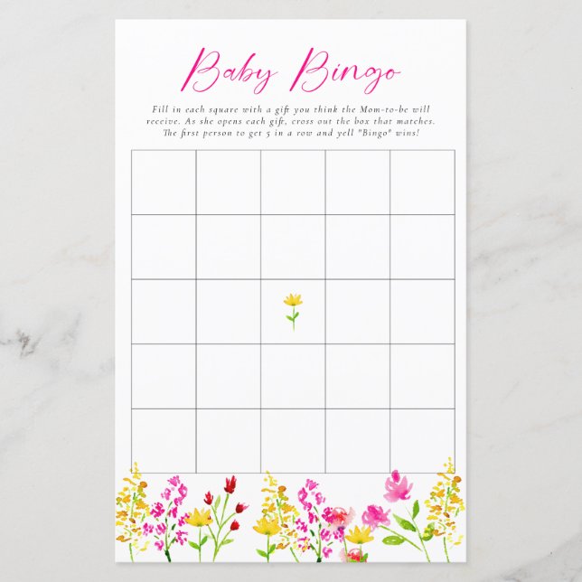 Wildflowers Baby Shower Bingo Game Party Activity (Front)