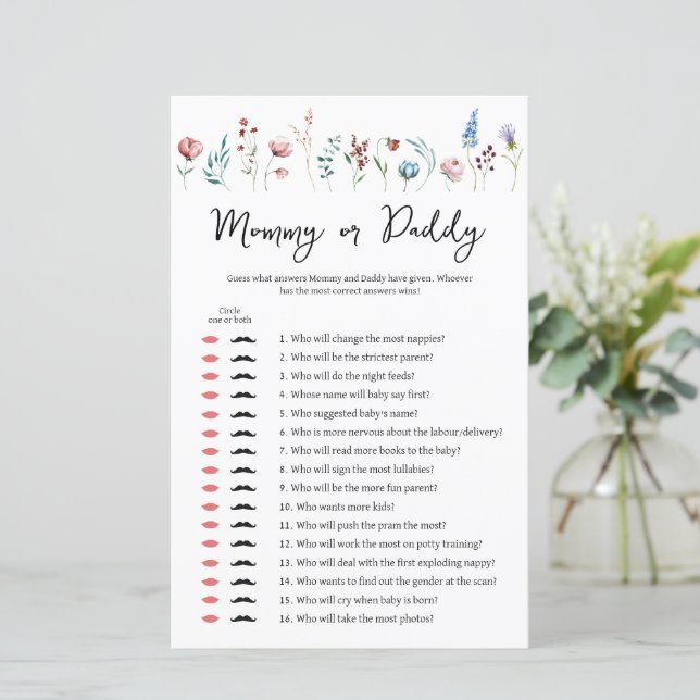 Wildflowers Baby Shower Mummy or Daddy Game (Standing Front)