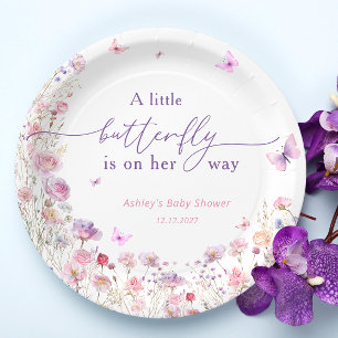 Wildflowers Baby Shower Purple Pink Butterfly Paper Plate