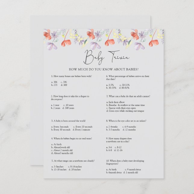 Wildflowers Baby Trivia | Baby Shower Game (Front/Back)