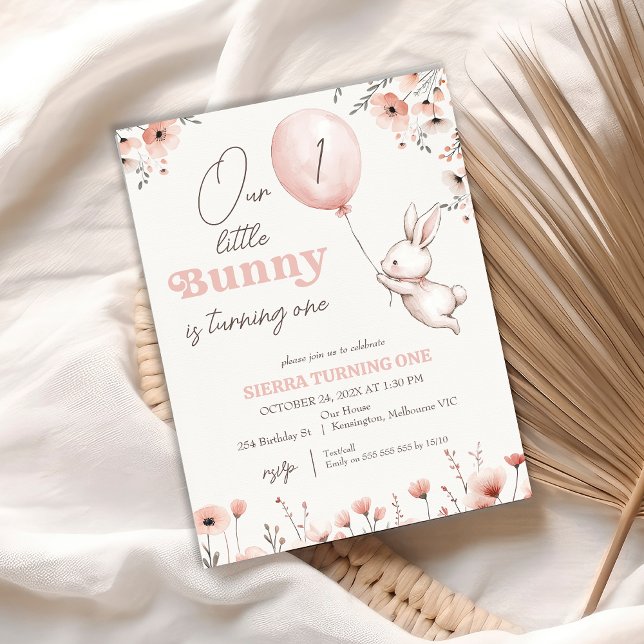 Wildflowers Balloon Little Bunny 1st Birthday Invitation (Our Little Bunny 1st Birthday Invitation Girl, Bunny Balloon, Wild flowers, Rabbit 1st Birthday )