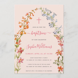 Wildflowers Baptism Pink Floral Watercolor Girl  Invitation