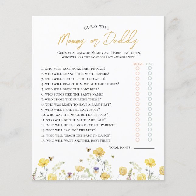 Wildflowers & Bee Guess Who Baby Shower Game (Front)