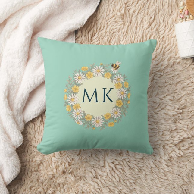 Wildflowers Bee Monogram Teal Cushion (Blanket)
