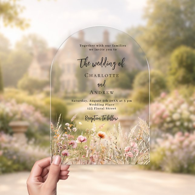 Wildflowers beige cream pink clear wedding arch acrylic invitations (Creator Uploaded)