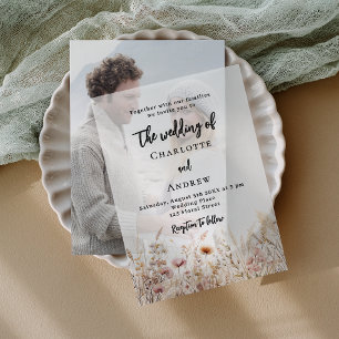 Wildflowers beige cream pink wedding vellum invitations