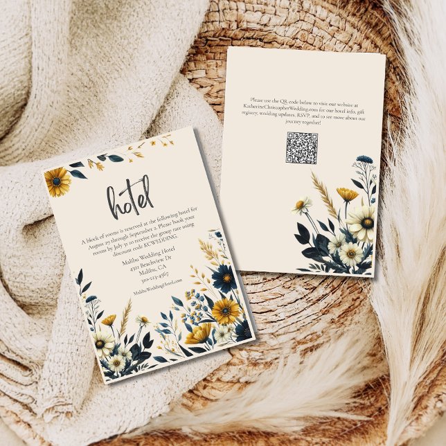 Wildflowers Beige Formal Wedding Hotel Enclosure Card (Watercolor Wildflowers Elegant Wedding Hotel Enclosure Card with Blue & Yellow Wildflowers, QR Code.)