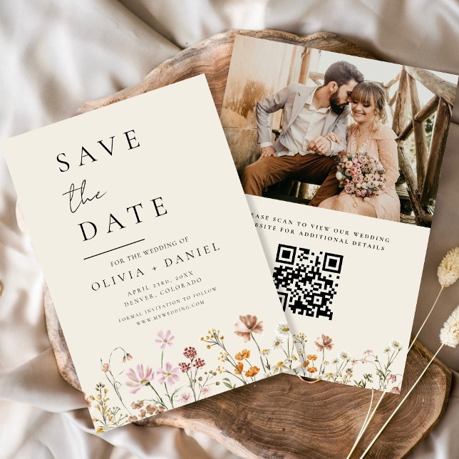 Wildflowers Beige Photo QR Code Save the Date (Creator Uploaded)