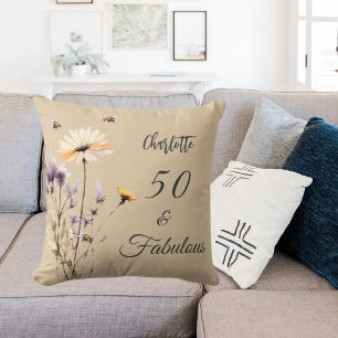 Wildflowers beige purple 50 fabulous birthday cushion
