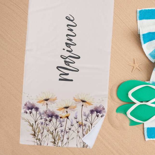 Wildflowers beige yellow custom name script beach towel (Creator Uploaded)
