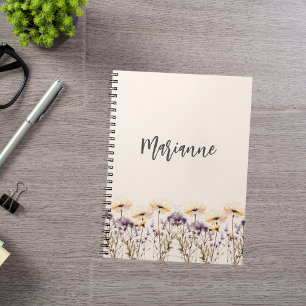 Wildflowers beige yellow custom name script notebook