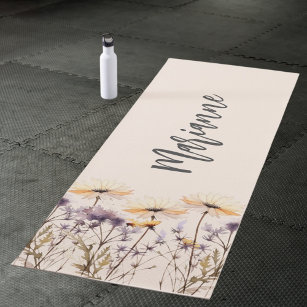 Wildflowers beige yellow purple custom name script yoga mat