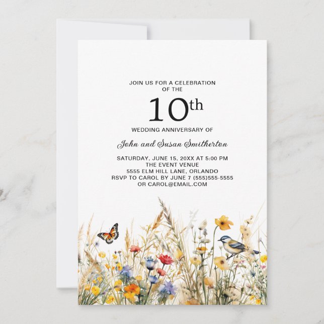 Wildflowers Birds Butterflies 10th Anniversary Invitation (Front)