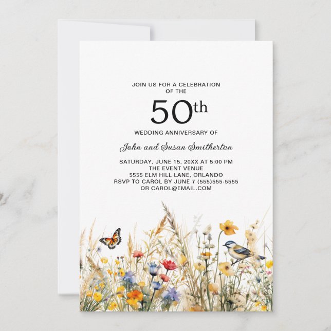 Wildflowers Birds Butterflies 50th Anniversary Invitation (Front)